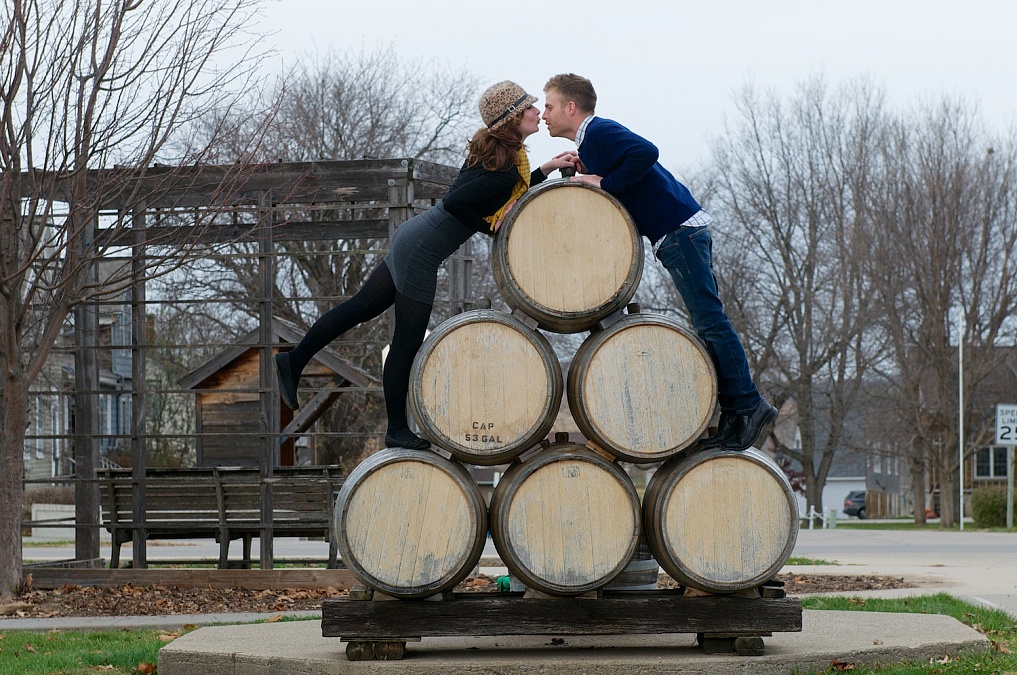 Rachel and Jesse share moments during their engagement session in the Amana Colonies.