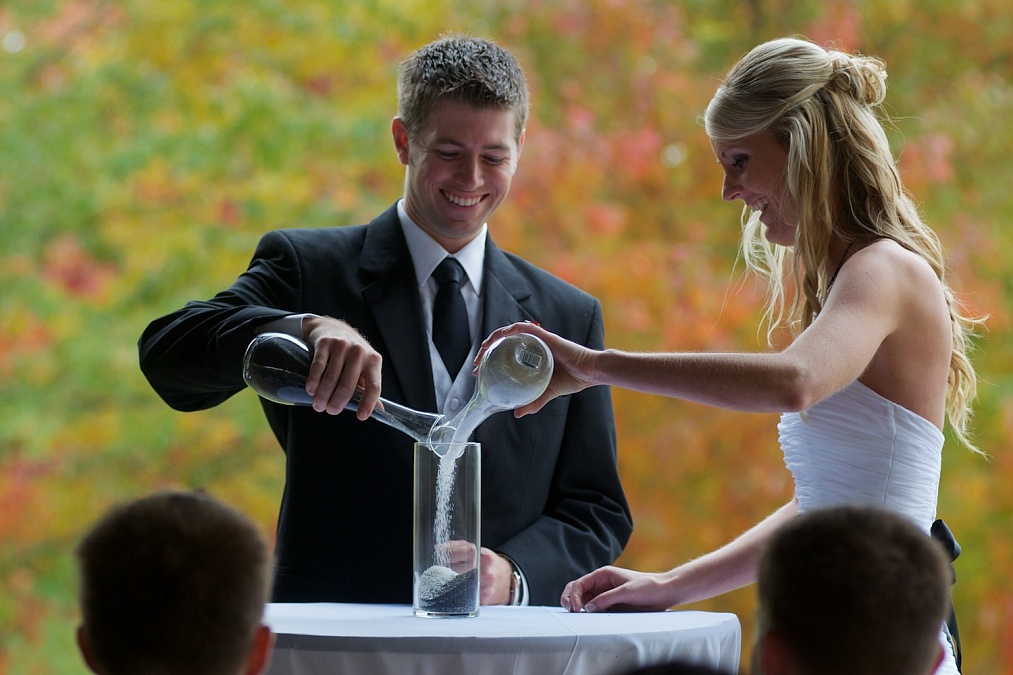 The fall wedding ceremony takes place at F.W. Kent Park in Johnson County, Iowa.